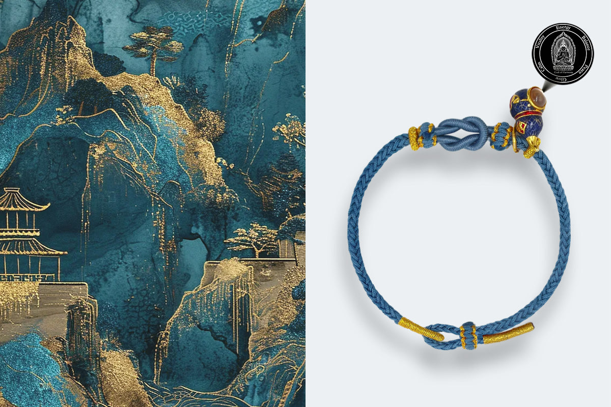 Blue Handwoven Satin Bracelet with Gourd-Shaped Nano Micro-engraving Projection Stone