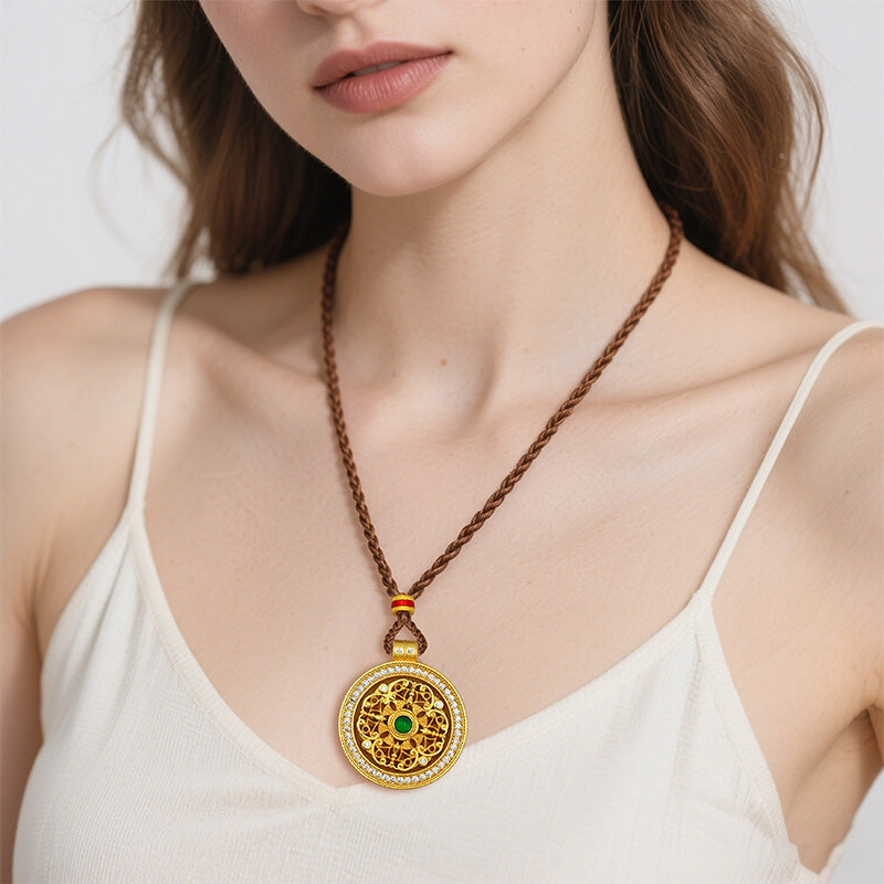 Four-Blessings Rotatable Amulet Necklace – Coffee Braided Cord