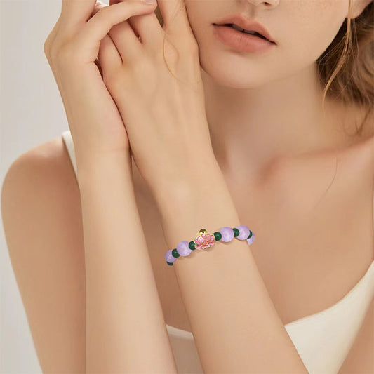 Purple Lepidolite Bracelet with Lotus-Shaped Nano Micro-engraving Projection Stone