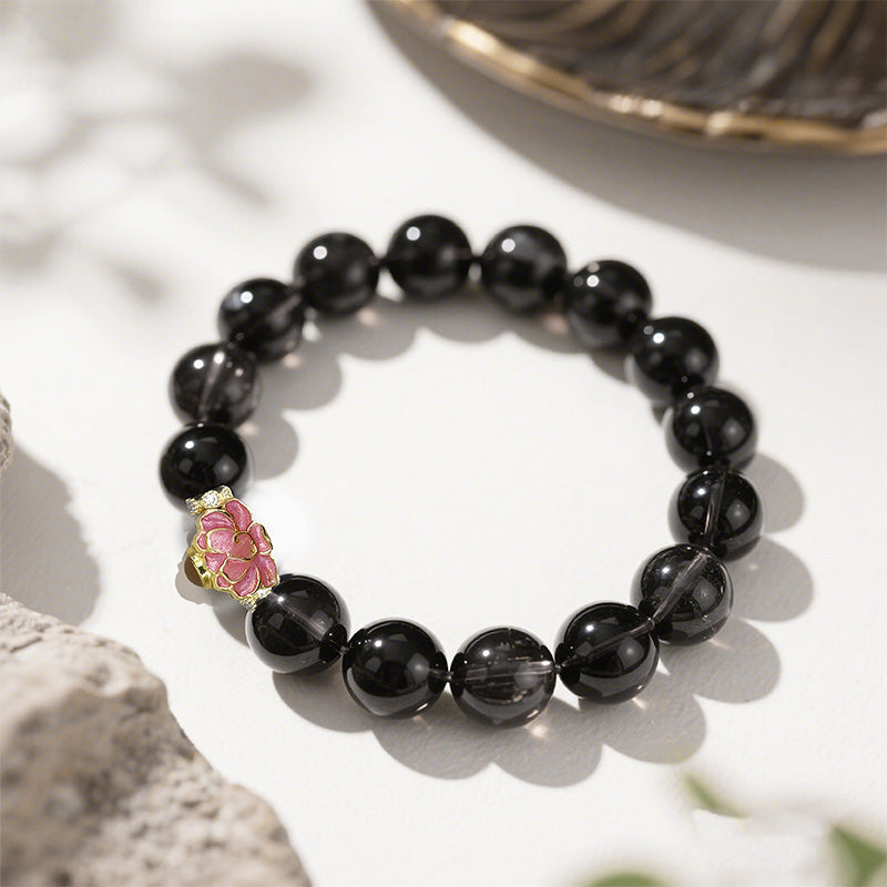 Black Tourmaline Bracelet with Lotus-Shaped Nano Micro-engraving Projection Stone