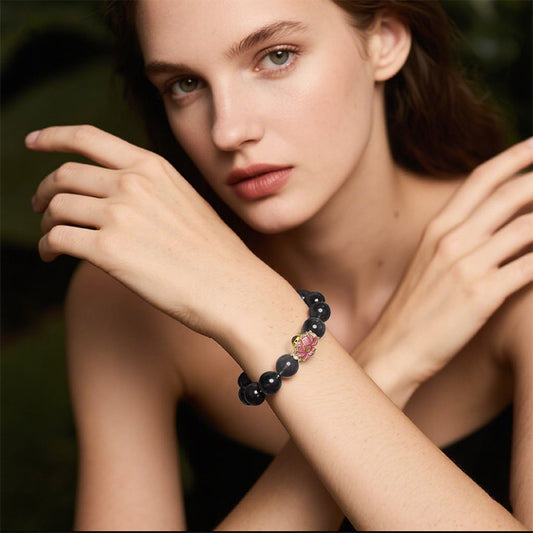 Black Tourmaline Bracelet with Lotus-Shaped Nano Micro-engraving Projection Stone