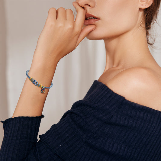 Blue Handwoven Satin Bracelet with Gourd-Shaped Nano Micro-engraving Projection Stone
