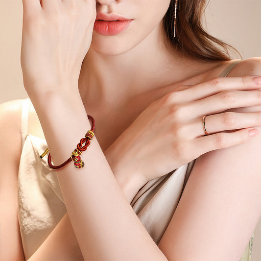 Red Handwoven Satin Bracelet with Gourd-Shaped Nano Micro-engraving Projection Stone