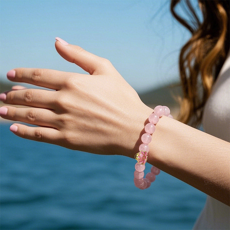 Rose Quartz Bracelet with Pink Lotus Nano Micro-engraving Projection Stone