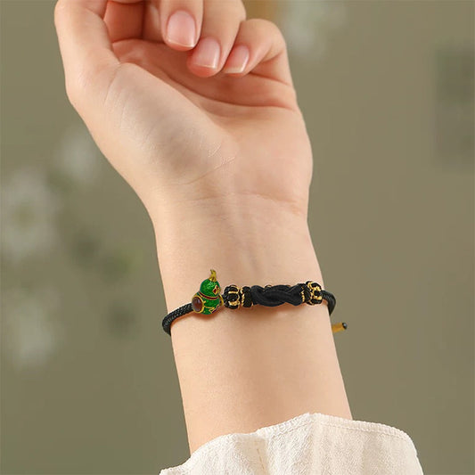 Black Handwoven Satin Bracelet with Gourd-Shaped Nano Micro-engraving Projection Stone