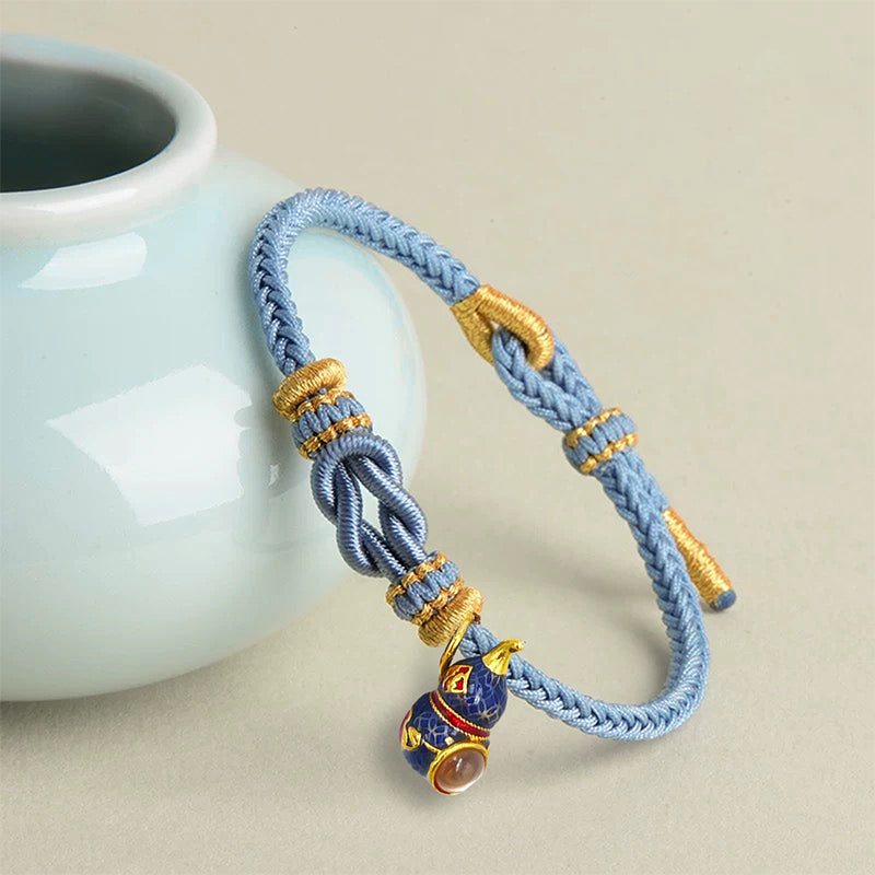 Blue Handwoven Satin Bracelet with Gourd-Shaped Nano Micro-engraving Projection Stone