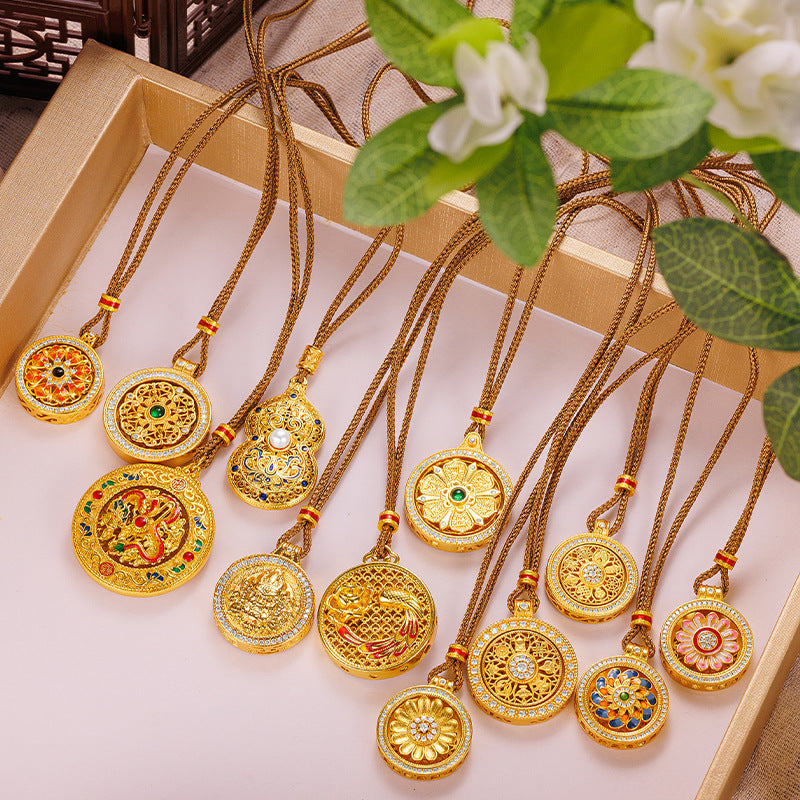 Neo-Chinese Braided Rope Necklace with Gilded Cloisonné Filigree Gourd Pendant