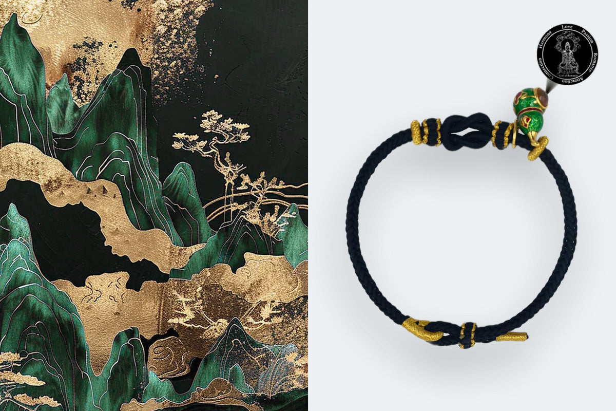 Black Handwoven Satin Bracelet with Gourd-Shaped Nano Micro-engraving Projection Stone