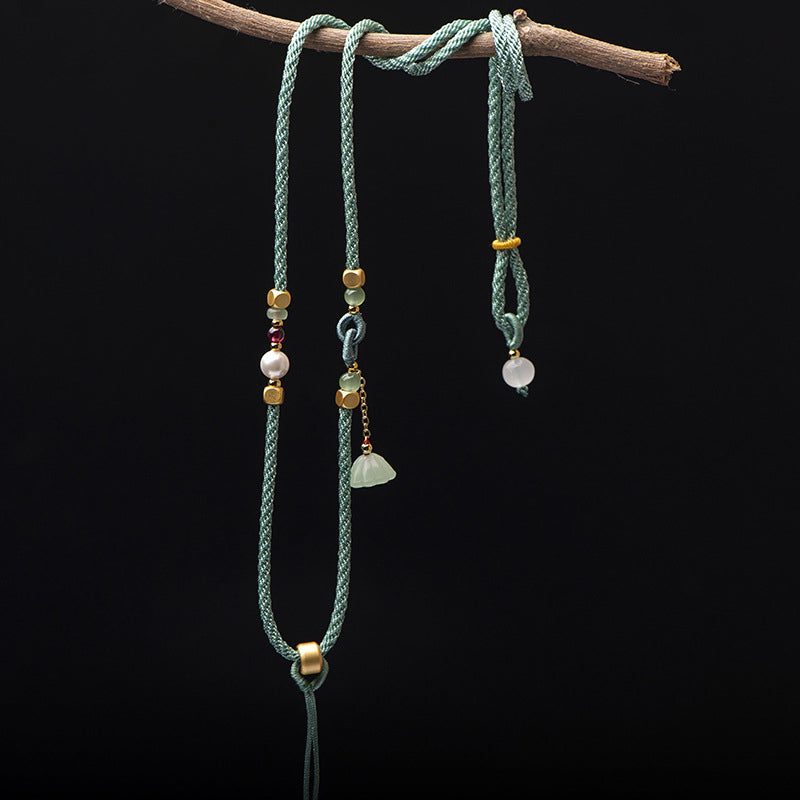 Handmade Jade Pendant Necklace with Garnet, Tourmaline, Pearl, and Agate – Adjustable Cord with Lotus Seed Pod Design