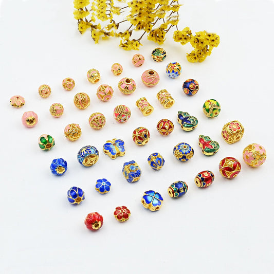 Random 6 Items - Copper Gold-Plated Oil-Drip Cloisonné Hollow Spacer Barrel Beads – Enamel Beads for DIY Bracelets, Necklaces, and Accessories