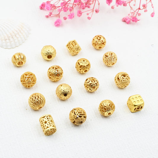 Random 6 Items - Ancient Gold Hollow Bead with 'Fu' Character – Wealth and Blessing Beads for DIY Jewelry