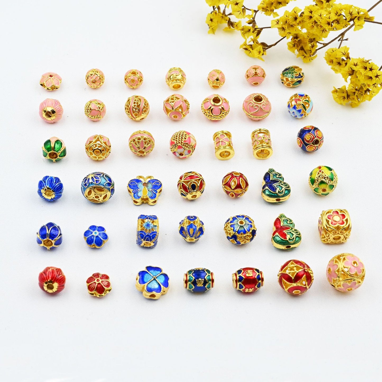 Random 6 Items - Copper Gold-Plated Oil-Drip Cloisonné Hollow Spacer Barrel Beads – Enamel Beads for DIY Bracelets, Necklaces, and Accessories