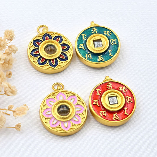 Thangka Baoxiang Flower Six-Character Mantra Projection Stone Pendant - DIY Sweater Chain Woven Accessory with Enamel Decor