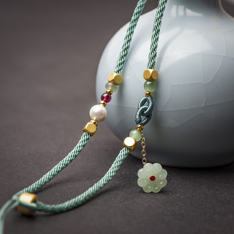 Handmade Jade Pendant Necklace with Garnet, Tourmaline, Pearl, and Agate – Adjustable Cord with Lotus Seed Pod Design