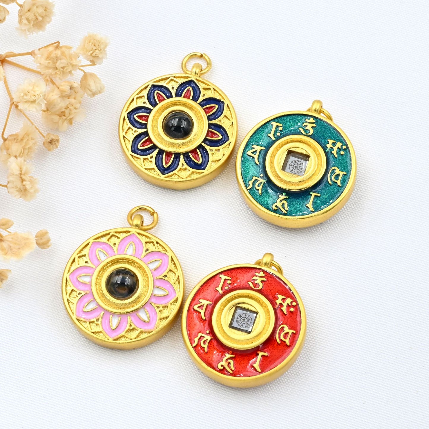 Thangka Baoxiang Flower Six-Character Mantra Projection Stone Pendant - DIY Sweater Chain Woven Accessory with Enamel Decor