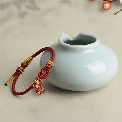 Red Handwoven Satin Bracelet with Gourd-Shaped Nano Micro-engraving Projection Stone
