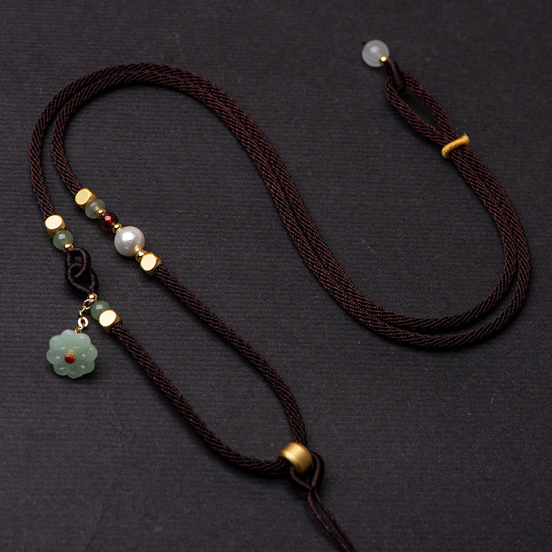 Handmade Jade Pendant Necklace with Garnet, Tourmaline, Pearl, and Agate – Adjustable Cord with Lotus Seed Pod Design