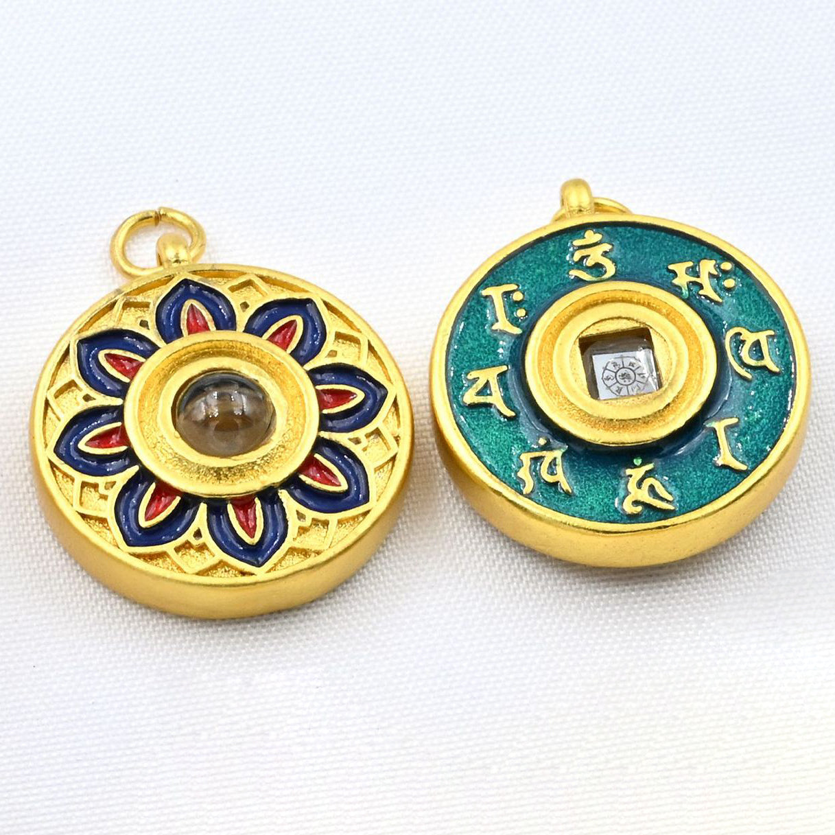 Thangka Baoxiang Flower Six-Character Mantra Projection Stone Pendant - DIY Sweater Chain Woven Accessory with Enamel Decor